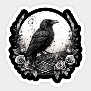 Fantasy Creature Raven Witchy Familiar Crow, Full Moon & Flowers Sticker